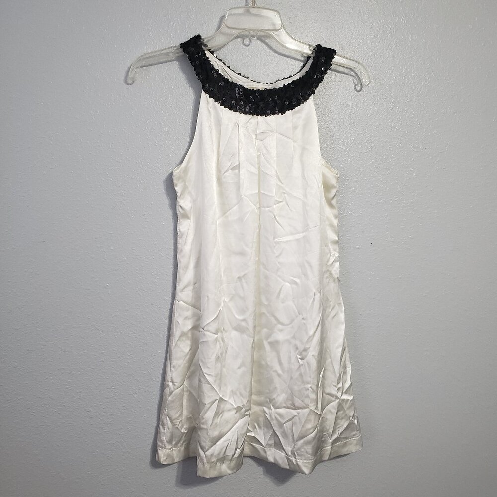 Sequin Collar Satin Tunic Halter Women's S Going Out Top NYE Black and White
